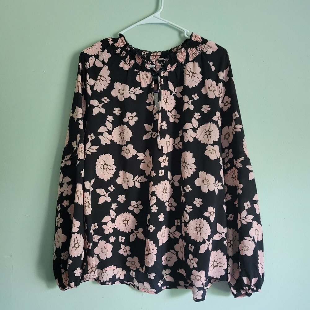 Social Standard Black Blouse Women's XXL Pink Floral Long Sleeve Peasant Top NWT